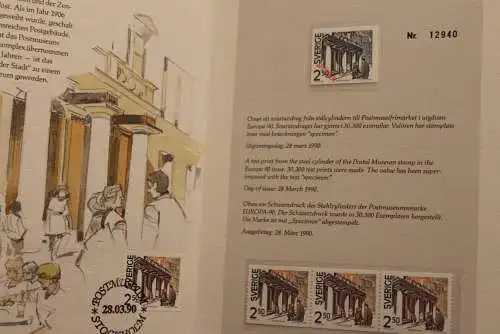 Schweden 1990, Folder des Postmuseums mit EUROPA-Marke,SPECIMEN-Marke, limitierte, nummerierte Ausgabe