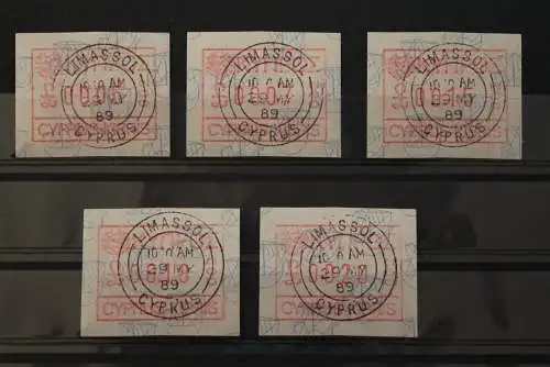 Zypern, ATM Nr. 1; 5 Werte, ATM-Drucker 002 - Limassol, Ersttagsstempel, gebraucht