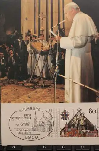 Deutschland 1987, Papstreise Deutschland; Papst Johannes Paul II. in der Diözese Augsburg; MK 15k/87, Stempel Augsburg