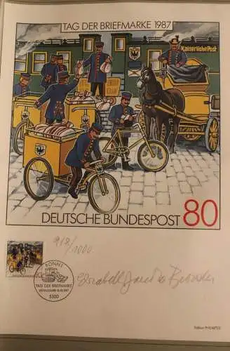 Tag der Briefmarke 1987, Künstleredition mit Handsignatur; Limitierte Auflage; Tag der Briefmarke 1987; DIN A 4; lesen