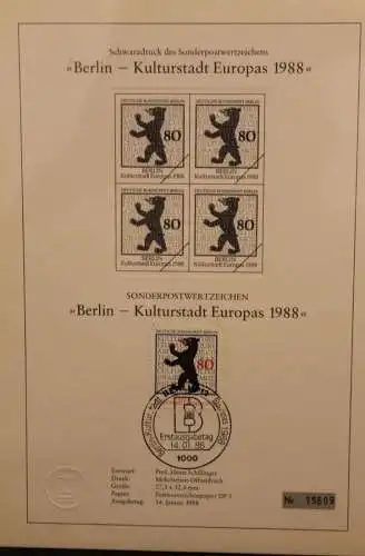 Deutschland, Sonderblatt,Erinnerungsblatt,Gedenkblatt,Schwarzdruck:Berlin-Kulturstadt Europas 1988