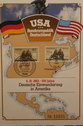 BRD;Sonderblatt,Erstagsblatt,Gedenkblatt Gemeinschaftsausgabe 1983: USA-Deutschland Einwanderung