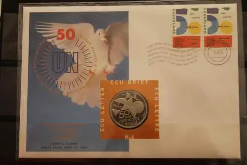 Niederlande, ECU - Numisbrief  Nr. 6; 1995; ECU - Brief 50 Jahre UNO