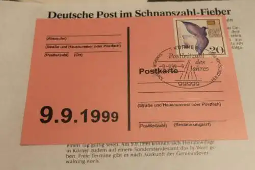 Deutschland:Schnapszahl Postleitzahl 99999 Körner 9.9.99-9