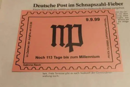 Deutschland:Schnapszahl Postleitzahl 99999 Körner 9.9.99-9