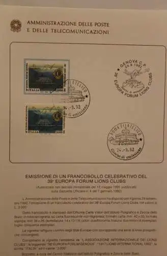 Ministerblatt Italien 1992; Lions Europa-Forum Genua; ETB, Ersttagsblatt