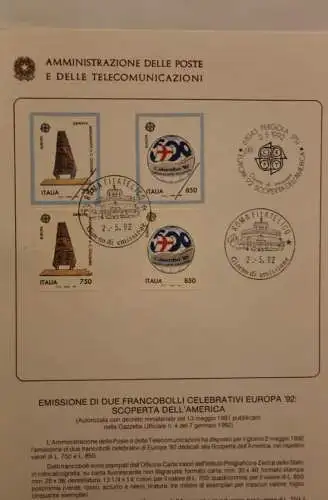Ministerblatt Italien 1992; EUROPA, CEPT, ETB, Ersttagsblatt
