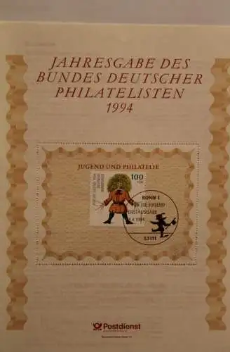 BRD; Jahresgabe des BDPh 1994: Gedenkblatt Nr. 16;  Jugend und Philatelie