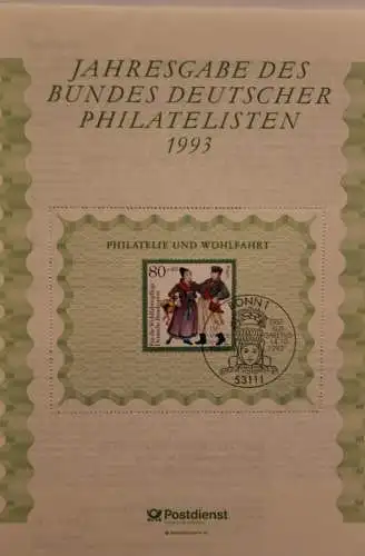 BRD; Jahresgabe des BDPh 1993: Gedenkblatt Nr. 15;  Philatelie und Wohlfahrt