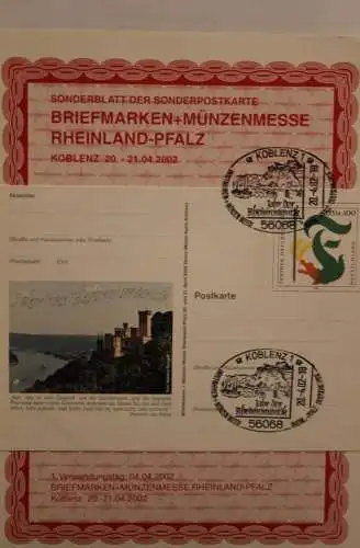 BRD; Sonderblatt,Erinnerungsblatt,Gedenkblatt: Briefmarken + Münzenmesse Rheinland-Pfalz 2002 Koblenz