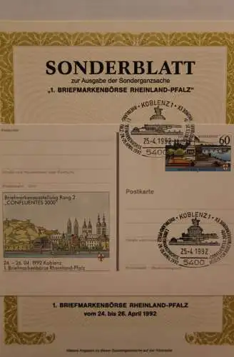 BRD; Sonderblatt,Erinnerungsblatt,Gedenkblatt: 1. Briefmarkenbörse Rheinland-Pfalz 1992 Koblenz