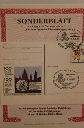 BRD; Sonderblatt,Erinnerungsblatt,Gedenkblatt: 100 Jahre Deutsche Philatelistentage 1989 Mainz