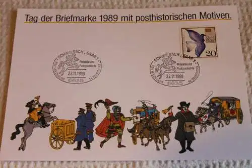 BRD; Sonderblatt,Erinnerungsblatt,Gedenkblatt: Tag der Briefmarke 1989; SST Schwalbach/Saar; Posthistorische Motive
