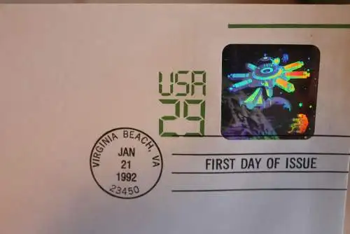 USA;1992;  Weltraum; Hologramm - Ganzsache; 29 C., gebraucht; Ersttagsstempel