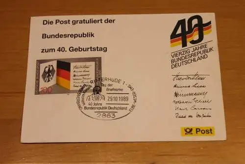 BRD;Sonderblatt,Erinnerungsblatt,Gedenkblatt:40.Geburtstag Bundesrepublik Deutschland;Ritterhude,Tag der Briefmarke 1989