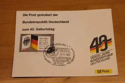 BRD;Sonderblatt,Erinnerungsblatt,Gedenkblatt:40.Geburtstag Bundesrepublik Deutschland;Würzburg,Tag der Briefmarke 1989