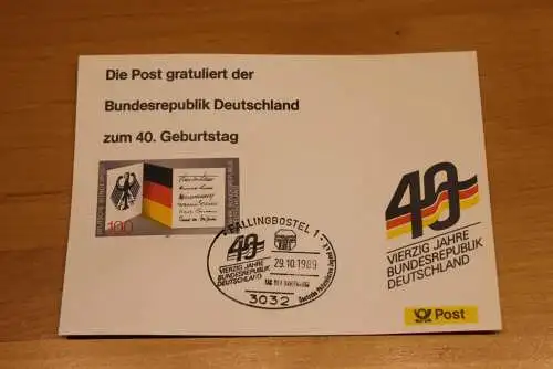 BRD;Sonderblatt,Erinnerungsblatt,Gedenkblatt:40.Geburtstag Bundesrepublik Deutschland;Fallingbostel,Tag d. Briefmarke 89