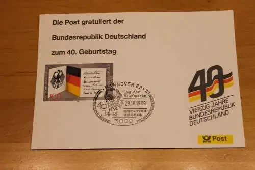 BRD;Sonderblatt,Erinnerungsblatt,Gedenkblatt:40.Geburtstag Bundesrepublik Deutschland;Hannover,Tag der Briefmarke 1989