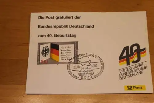 BRD;Sonderblatt,Erinnerungsblatt,Gedenkblatt:40.Geburtstag Bundesrepublik Deutschland;SST Merchweiler 1989