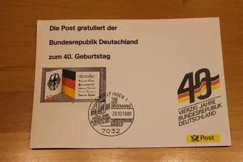 BRD;Sonderblatt,Erinnerungsblatt,Gedenkblatt:40.Geburtstag Bundesrepublik Deutschland;Sindelfingen,Tag der Briefmarke 89