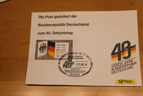 BRD;Sonderblatt,Erinnerungsblatt,Gedenkblatt:40.Geburtstag Bundesrepublik Deutschland;SST Köln  1989