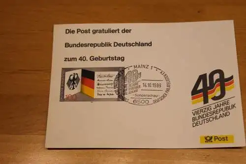 BRD; Sonderblatt,Erinnerungsblatt,Gedenkblatt:40.Geburtstag Bundesrepublik Deutschland; SST Mainz 1989