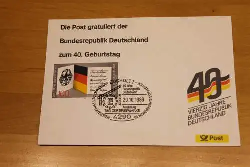 BRD; Sonderblatt,Erinnerungsblatt,Gedenkblatt:40.Geburtstag Bundesrepublik Deutschland; Bocholt,Tag der Briefmarke 1989