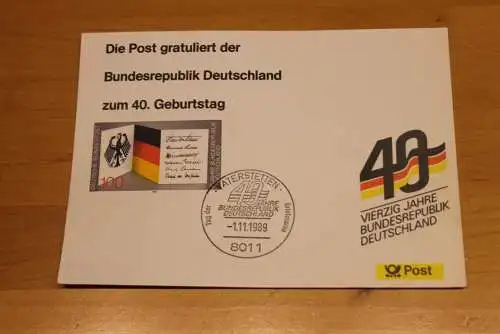 BRD; Sonderblatt,Erinnerungsblatt,Gedenkblatt:40.Geburtstag BRD; Vaterstetten,Tag der Briefmarke 1989