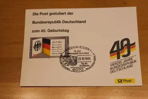 BRD; Sonderblatt,Erinnerungsblatt,Gedenkblatt:40.Geburtstag Bundesrepublik Deutschland;Langen,Tag der Briefmarke 1989