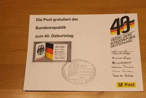 BRD; Sonderblatt,Erinnerungsblatt,Gedenkblatt:40.Geburtstag Bundesrepublik Deutschland; SST Hardegsen 1989