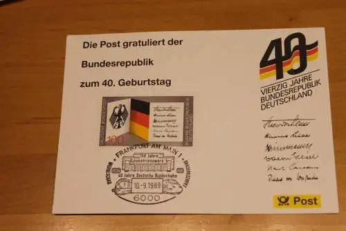 BRD; Sonderblatt,Erinnerungsblatt,Gedenkblatt:40.Geburtstag Bundesrepublik Deutschland; Frankfurt,Bundesbahn 1989