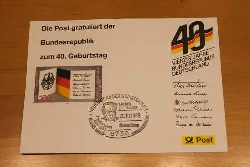 BRD; Sonderblatt,Erinnerungsblatt,Gedenkblatt:40.Geburtstag Bundesrepublik Deutschland; Neustadt,Tag der Briefmarke 1989