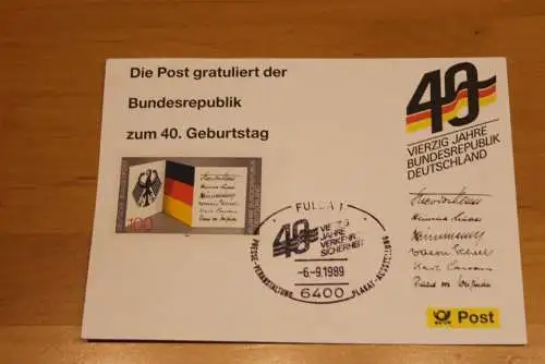 BRD; Sonderblatt,Erinnerungsblatt,Gedenkblatt:40.Geburtstag Bundesrepublik Deutschland;SST Fulda 1989