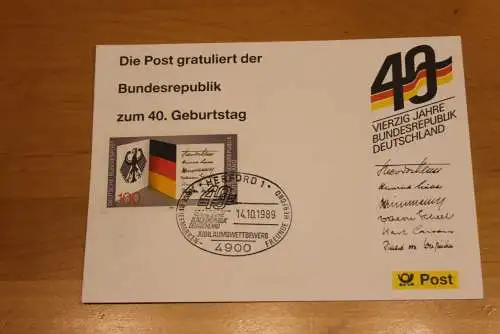 BRD; Sonderblatt,Erinnerungsblatt,Gedenkblatt:40.Geburtstag Bundesrepublik Deutschland;SST Herford 1989