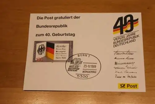 BRD; Sonderblatt,Erinnerungsblatt,Gedenkblatt:40.Geburtstag Bundesrepublik Deutschland;SST Bonn 1989