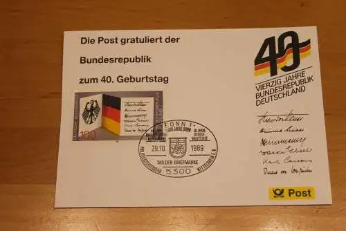 BRD; Sonderblatt,Erinnerungsblatt,Gedenkblatt:40.Geburtstag Bundesrepublik Deutschland;SST Bonn,Tag der Briefmarke  1989