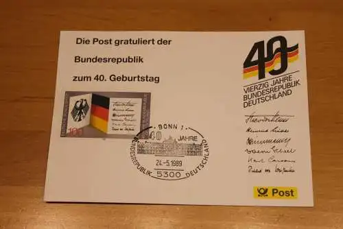 BRD; Sonderblatt,Erinnerungsblatt,Gedenkblatt: 40. Geburtstag Bundesrepublik Deutschland; SST Bonn  1989