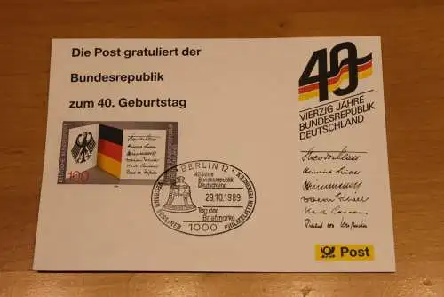 BRD; Sonderblatt,Erinnerungsblatt,Gedenkblatt: 40. Geburtstag Bundesrepublik Deutschland; Berlin Tag der Briefmarke 1989