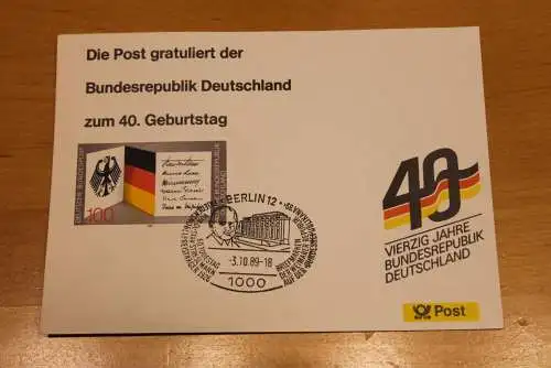 BRD; Sonderblatt,Erinnerungsblatt,Gedenkblatt: 40. Geburtstag Bundesrepublik Deutschland; SST Berlin 1989