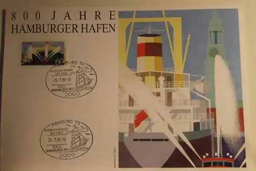 BRD; Sonderblatt,Erinnerungsblatt,Gedenkblatt: 800 Jahre Hamburger Hafen; 1989