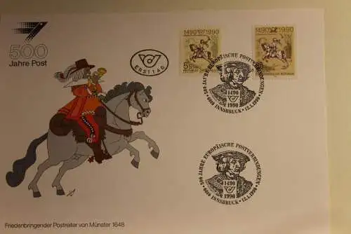 BRD; Sonderblatt,Erinnerungsblatt,Gedenkblatt: 500 Jahre Post; Frankatur DDR - Österreich, Stempel Innsbruck 1990