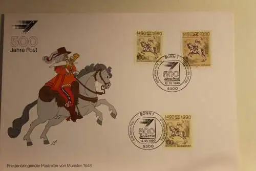 BRD; Sonderblatt,Erinnerungsblatt,Gedenkblatt: 500 Jahre Post; Dreifach Frankatur: BRD, Berlin, DDR, Stempel Bonn 1990