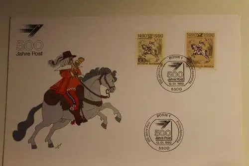 BRD; Sonderblatt,Erinnerungsblatt,Gedenkblatt: 500 Jahre Post; Doppelfrankatur BRD - DDR, Stempel Bonn 1990