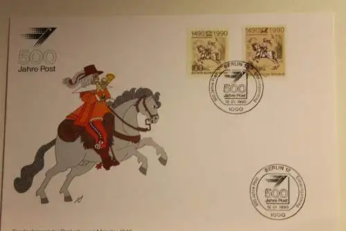 BRD; Sonderblatt,Erinnerungsblatt,Gedenkblatt: 500 Jahre Post; Doppelfrankatur Berlin - DDR, Stempel Berlin 1990