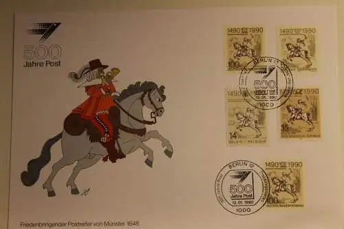 BRD; Sonderblatt,Erinnerungsblatt,Gedenkblatt: 500 Jahre Post; Fünfländer Frankatur, Stempel Berlin 1990