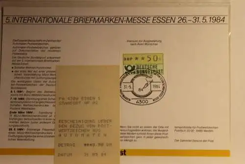 BRD; Sonderblatt,Erinnerungsblatt,Gedenkblatt:Intern. Briefmarken-Messe Essen 1984, mit Quittung vom Letzttag