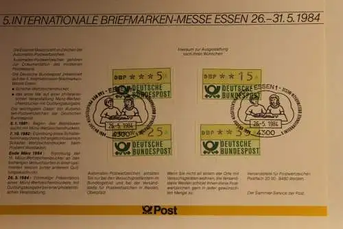 BRD; Sonderblatt,Erinnerungsblatt,Gedenkblatt:Intern. Briefmarken-Messe Essen 1984;Tag der Jugend;ATM