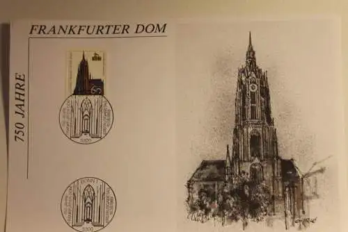 BRD; Sonderblatt,Erinnerungsblatt,Gedenkblatt: 750 Jahre Frankfurter Dom; Ersttags-Sonderstempel