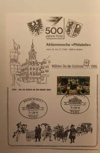 BRD; Sonderblatt,Erinnerungsblatt,Gedenkblatt: 500 Jahre Post;Wahl der Schönsten;SST Aalen