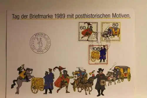 BRD; Sonderblatt,Erinnerungsblatt,Gedenkblatt: Tag der Briefmarke 1989;ESST;Sonderstempel Berlin; Posthistorische Motive
